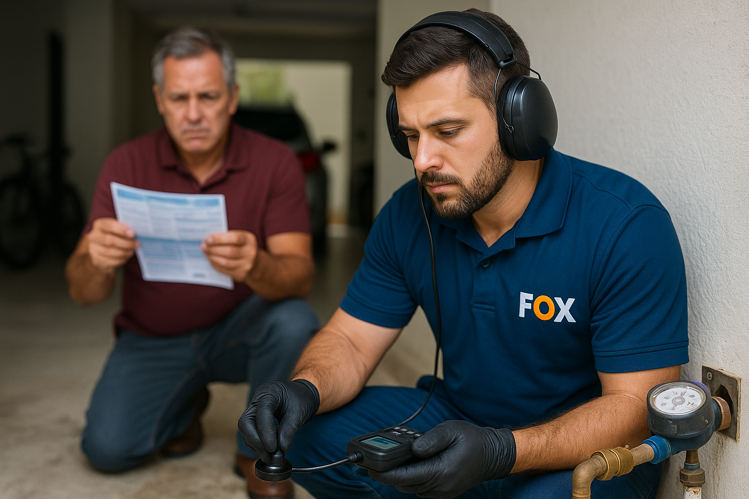 Técnico usando geofone para caça vazamento de água em São Paulo